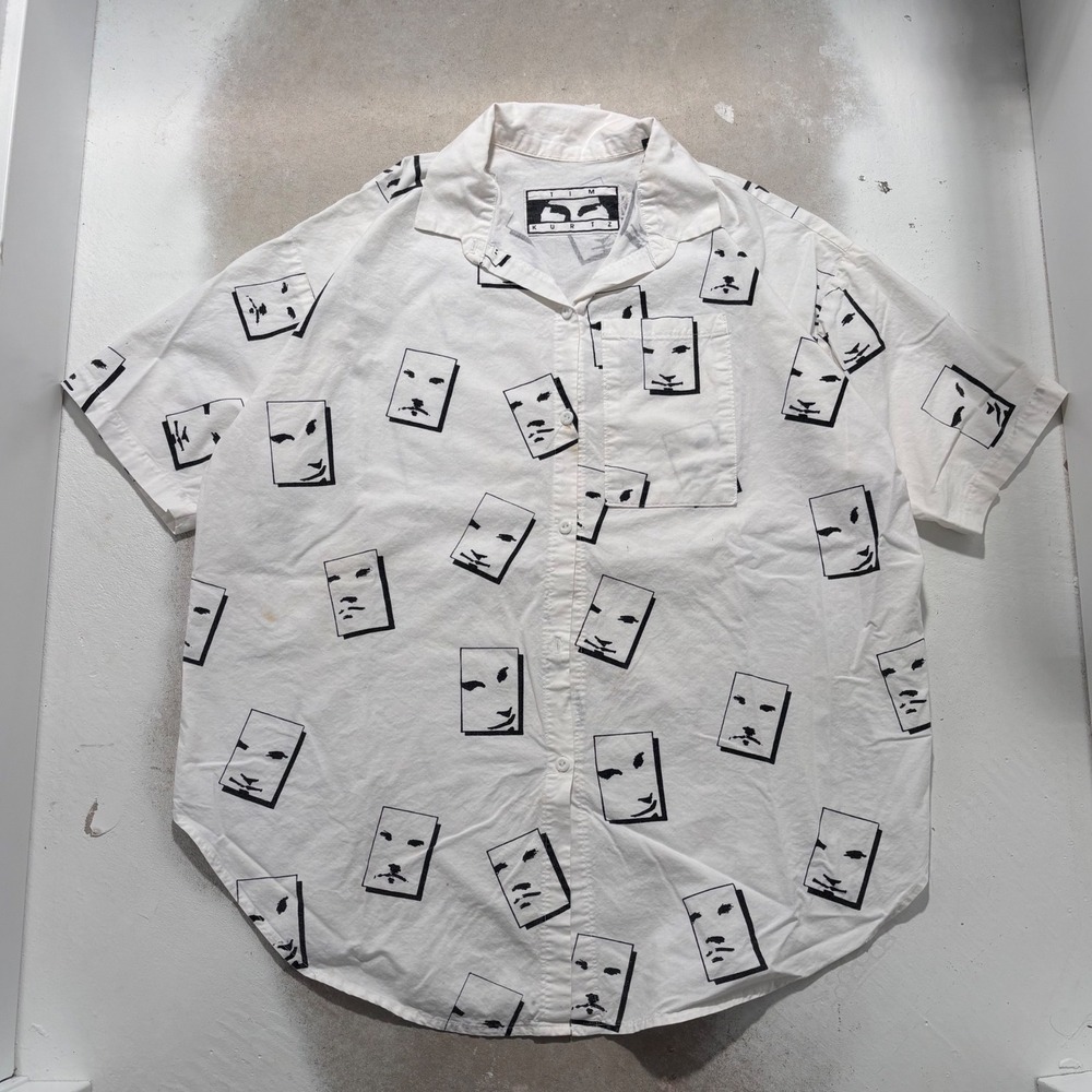 Tim Kurtz Mens White Black Graphic Face Print Short Sleeve Button Down Shirt